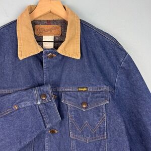 Wrangler Mens 44 Blue Western Denim Trucker Chore Jacket Corduroy Blanket Lined